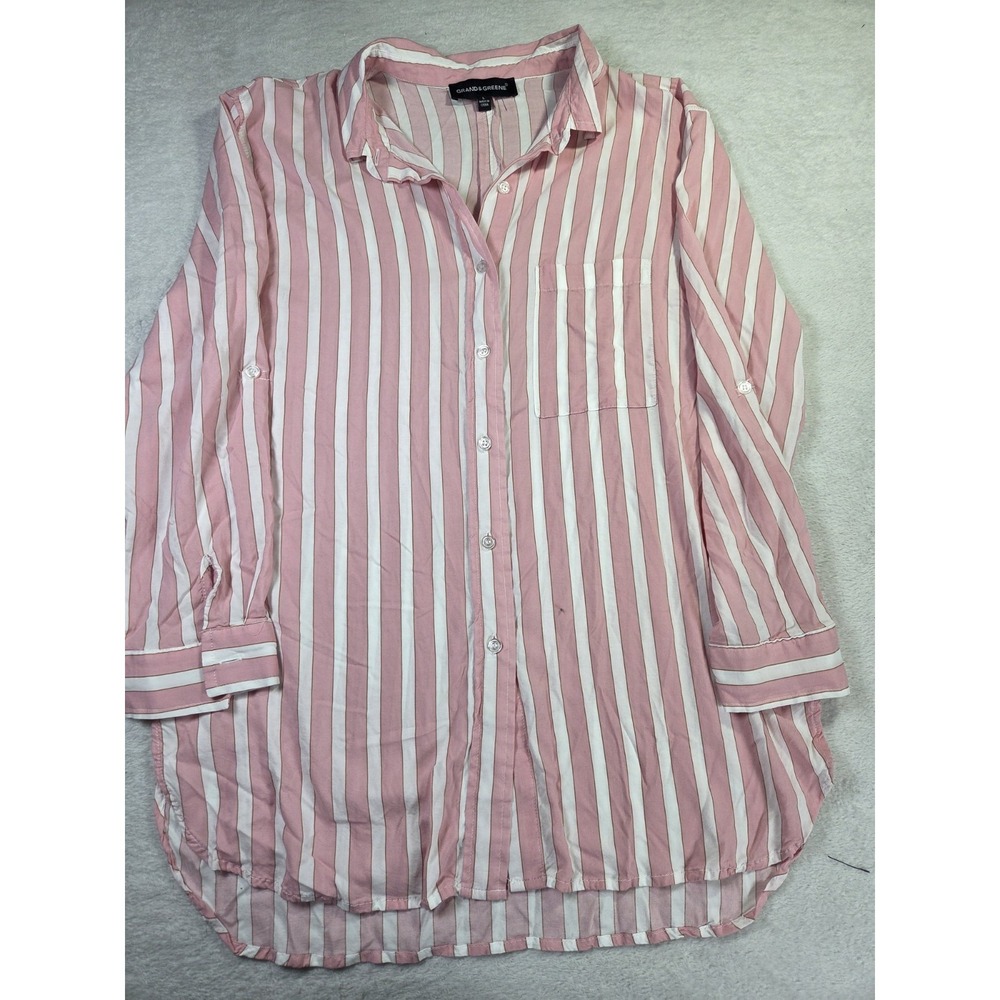 Grand & Greene Womens Large Tunic Blouse Pink White Stripe Button Up Rayon